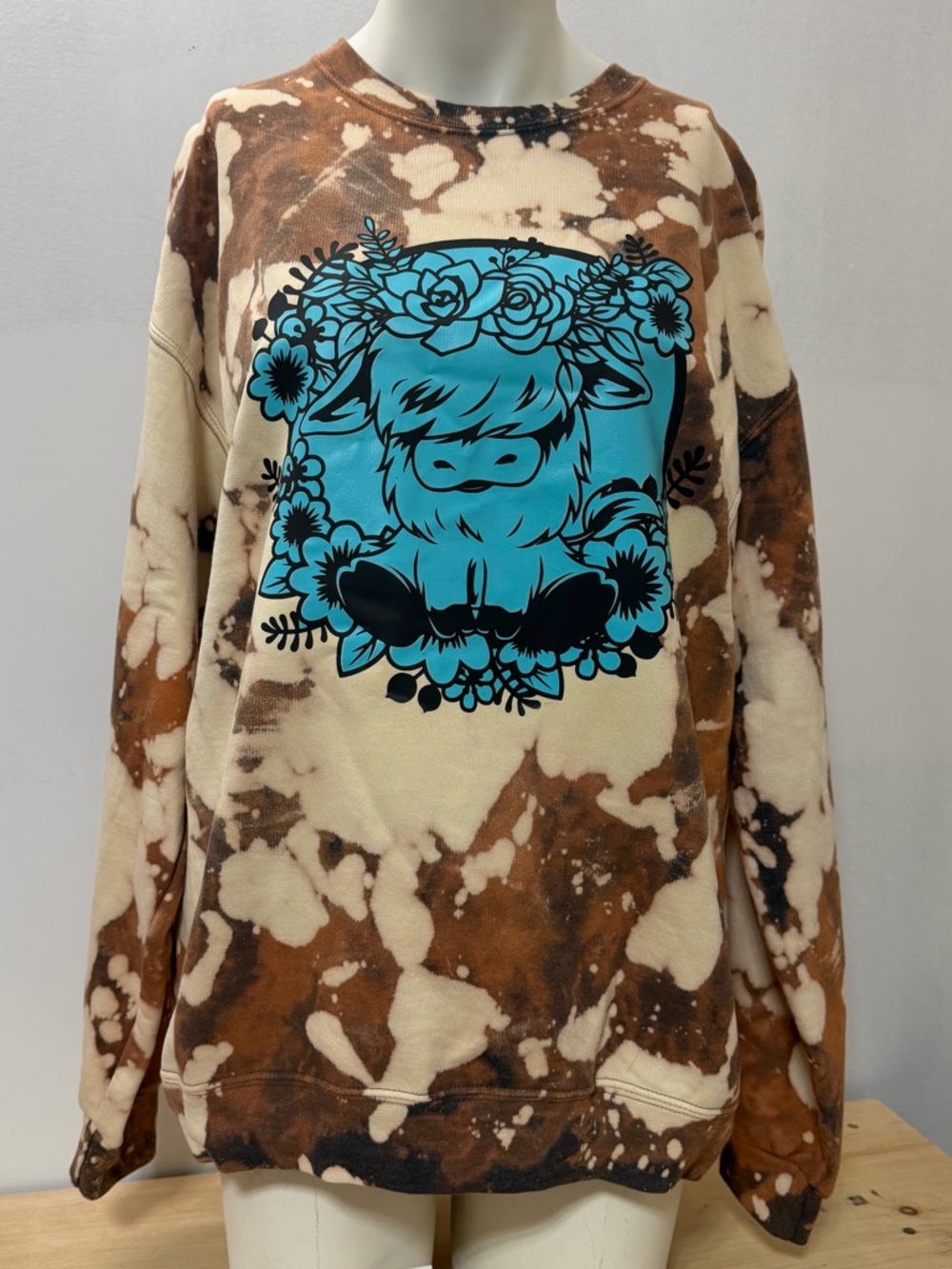Tie-Dye Cream & Brown Crewneck Sweatshirt with Turquoise Graphic